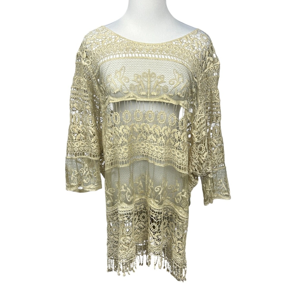 Crochet Lace Cover Up Tunic Top One Size Fringe Boho Ivory Sheer Festival Beach‎